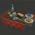 Food Spread with Bread Cheese Grapes Tomatoes Green Bottle and Cup on Red Checkered Tablecloth