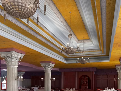 Classic Restaurant Interior With Yellow Ceiling White Molding Chandeliers Marble Columns Dark Wooden Dining Tables 3d model