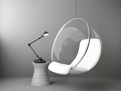 Modern Transparent Hanging Chair With White Cushion And Concrete Base Table Lamp 3d model