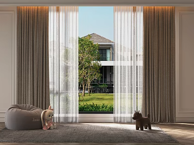 Modern Curtains In Relaxing Indoor Area With Sheer Layers Garden View And Kids Toys 3d model