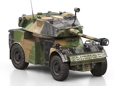 Military Camouflage Tank Model With Four Wheels Cannon Antenna And Headlights 3d model