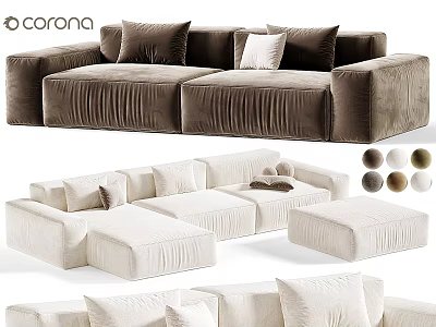 Modern Sectional Sofa In Brown And White Velvet With Cushions And Ottoman 3d model