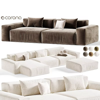 Modern Sectional Sofa In Brown And White Velvet With Cushions And Ottoman 3d model