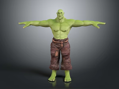 Green Muscular Humanoid Creature Character in 3D Model Standing Pose with Arms Outstretched 3d model