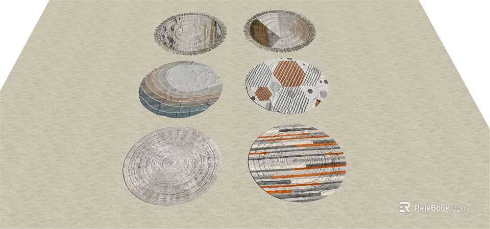 Stylish Round Rugs With Various Patterns Including Wood Grain And Striped Designs 3d model 