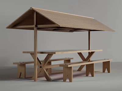 Wooden Outdoor Pavilion Structure With Long Table And Benches 3d model