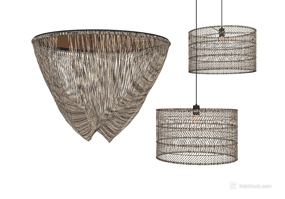 Woven Modern Pendant Lights with Conical and Cylindrical Natural Fiber Design 3d model 