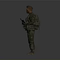 Man in Camouflage Uniform Holding Rifle Standing Against Gray Background
