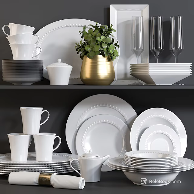 Modern White Dinnerware Set with Stacked Plates Cups Wine Glasses and Green Plant Decoration 3d model 