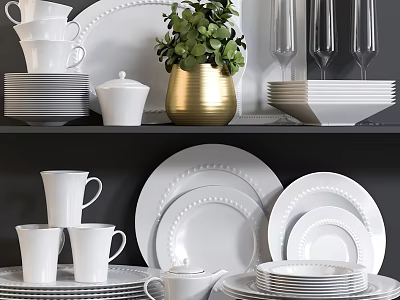 Modern White Dinnerware Set with Stacked Plates Cups Wine Glasses and Green Plant Decoration 3d model