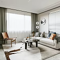Elegant Modern Living Room Interior With Sofa TV Curtains Rug Wall Art And Decorative Clock