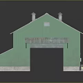 Exterior View Of Green Warehouse With Double Garage Doors And Metal Roof
