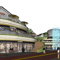 Modern Commercial Street with Glass Facade Multi Level Design Pedestrians Outdoor Seating and Evening Lighting