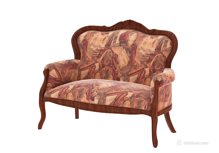 Classical Multi Seat Sofa With Carved Wooden Frame And Patterned Fabric Upholstery 3d model 