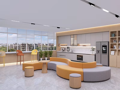 Modern Tea Room Interior With Large Windows Yellow Gray Sofas And Green Plants 3d model