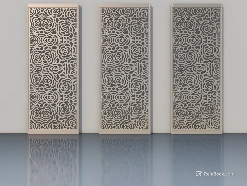 Three Elegant Carved Screens With Intricate Floral Patterns On White Wall Background 3d model 