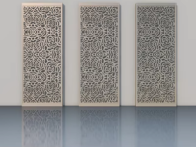 Three Elegant Carved Screens With Intricate Floral Patterns On White Wall Background 3d model