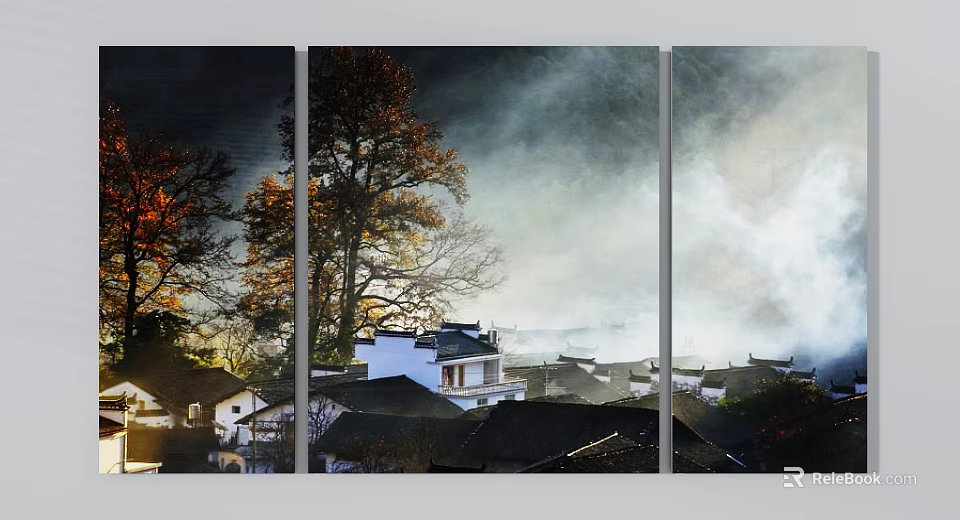Scenic Landscape Of Mountain Village With Morning Mist And Trees 3d model 
