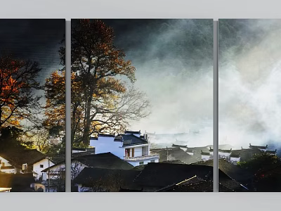 Scenic Landscape Of Mountain Village With Morning Mist And Trees 3d model