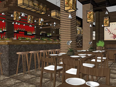 Elegant Restaurant Interior With Wooden Decor Pendant Lights Dining Tables And Green Plants 3d model