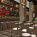 Elegant Restaurant Interior With Wooden Decor Pendant Lights Dining Tables And Green Plants