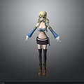 Anime Female Character With Blonde Hair Blue Top Brown Skirt Black Socks And Boots
