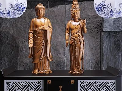 Wooden Buddha and Bodhisattva Sculptures Carving Art on Decorative Cabinet with Blue Pattern Lanterns 3d model