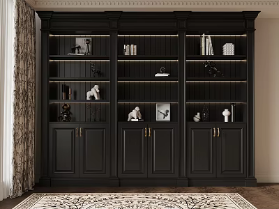 Elegant Black Bookcase Interior Design With Books Sculptures And Decorations 3d model