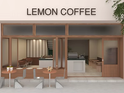 Lemon Coffee Cafe Modern Storefront With Glass Windows Outdoor Seating And Green Plants 3d model