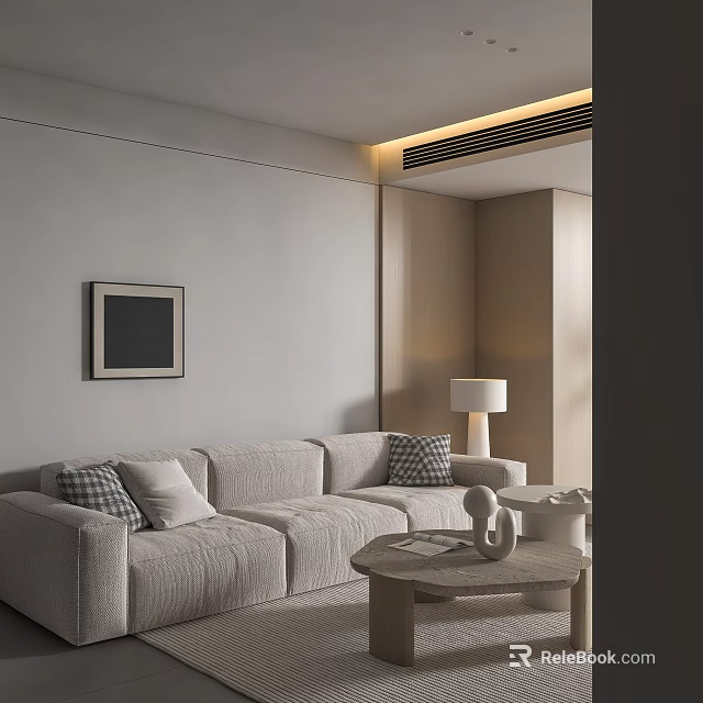 Light Beige Sofa And Coffee Table Set With Plush Cushions Table Lamp And Framed Artwork 3d model