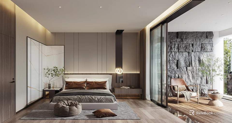 Modern Bedroom Interior Design With Plush Rug Comfortable Bed And Sliding Glass Door 3d model 