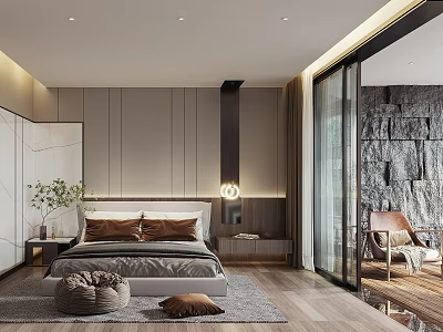 Modern Bedroom Interior Design With Plush Rug Comfortable Bed And Sliding Glass Door 3d model