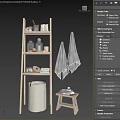 Washstand Space With Gray Wall Beige Towels Wooden Shelf Small Stool And Decorative Storage
