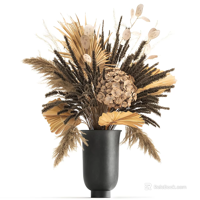 Natural Dried Flower Arrangement in Black Vase with Palm Leaves and Pampas Grass 3d model 