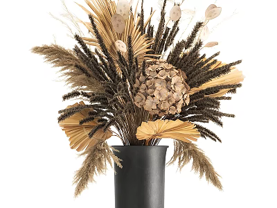Natural Dried Flower Arrangement in Black Vase with Palm Leaves and Pampas Grass 3d model
