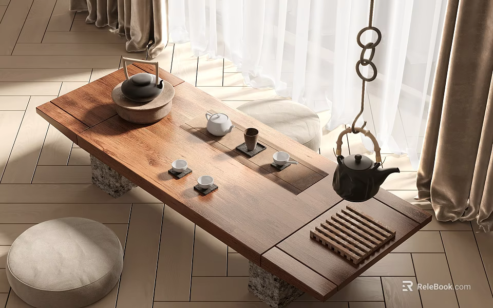 Rustic Wooden Tea Table And Chairs With Teapot Tea Cups Tray And Natural Light 3d model 