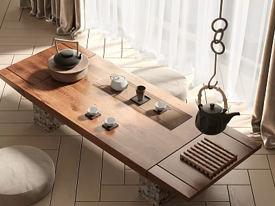 Rustic Wooden Tea Table And Chairs With Teapot Tea Cups Tray And Natural Light 3d model