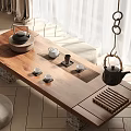 Rustic Wooden Tea Table And Chairs With Teapot Tea Cups Tray And Natural Light