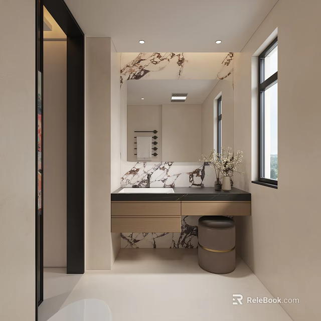 Modern Luxury Bathroom Interior With Marble Countertop Large Mirror Vase And Stool 3d model 