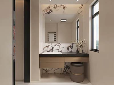 Modern Luxury Bathroom Interior With Marble Countertop Large Mirror Vase And Stool 3d model