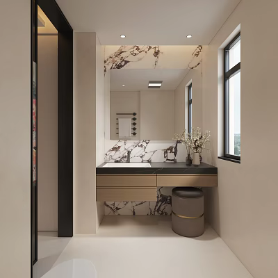 Modern Luxury Bathroom Interior With Marble Countertop Large Mirror Vase And Stool 3d model