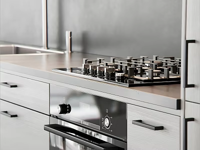 Modern Kitchen With Sleek Countertop Gas Stove Oven And Appliances 3d model