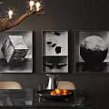 Modern Dining Table Set With Beige Chairs Branch Chandelier Snowy Mountain View Through Window
