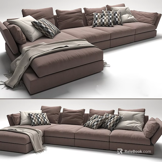 Brown Fabric L Shaped Sectional Sofa With Plush Pillows And Throw Blanket 3d model