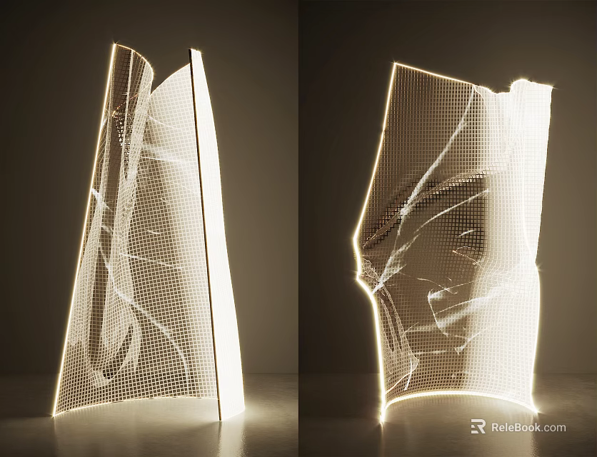Modern Abstract Floor Lamp With Mesh Structure And Warm Geometric Illumination In Dark Background 3d model 