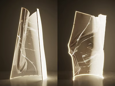 Modern Abstract Floor Lamp With Mesh Structure And Warm Geometric Illumination In Dark Background 3d model