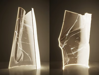 Modern Abstract Floor Lamp With Mesh Structure And Warm Geometric Illumination In Dark Background 3d model