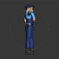 Auxiliary Police Officer in Blue Uniform Front Back View Saluting with Badge and Waist Gear