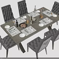 Modern Dining Table And Tufted Chairs With Elegant Table Setting Cutlery Wine Glasses And Food