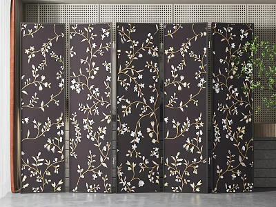Dark Room Divider with Intricate Floral Branch Pattern Gold and White Accents Traditional Chinese Design 3d model